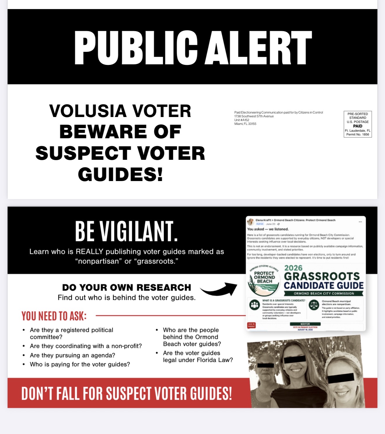 Full two-panel "Public Alert" electioneering mailer warning Volusia voters to beware of suspect voter guides and do their own research.