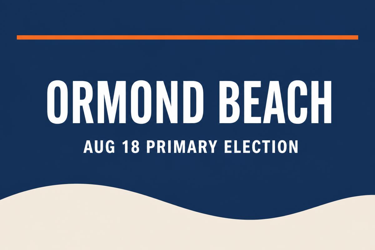 Ormond Beach Aug. 18 primary election voter guide graphic with navy and brand-orange accents.