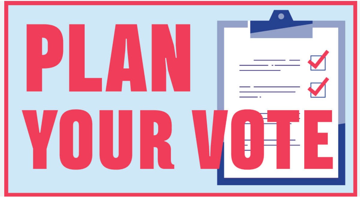 “Plan Your Vote” graphic with a clipboard and checkmarks, in red, navy and light blue.