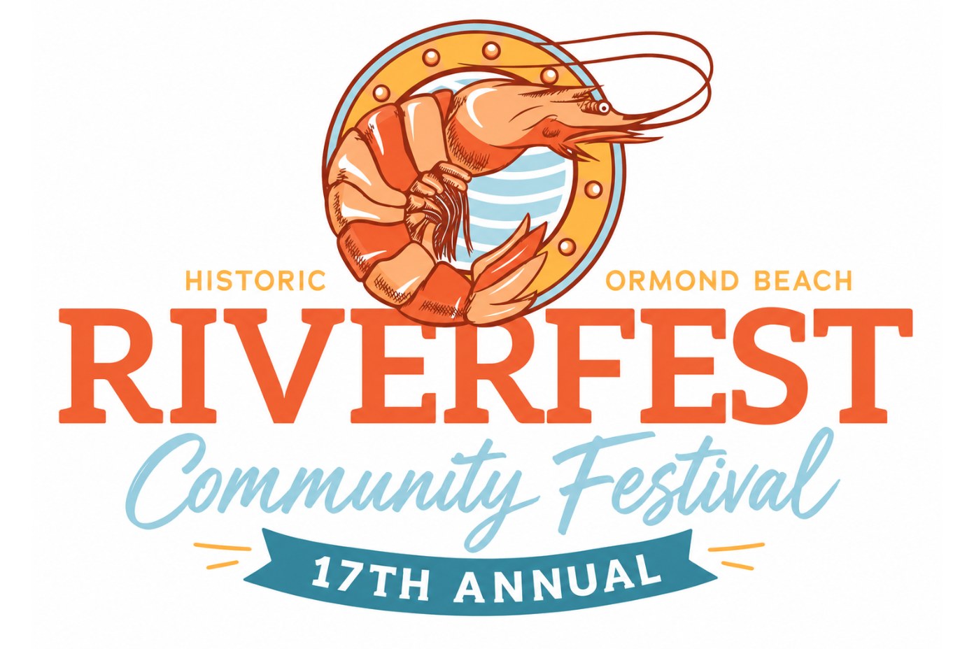 Riverfest Community Festival 17th Annual logo with an orange shrimp illustration.